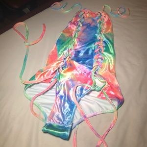 iHeartRaves tie dye lace up body suit NWOT small